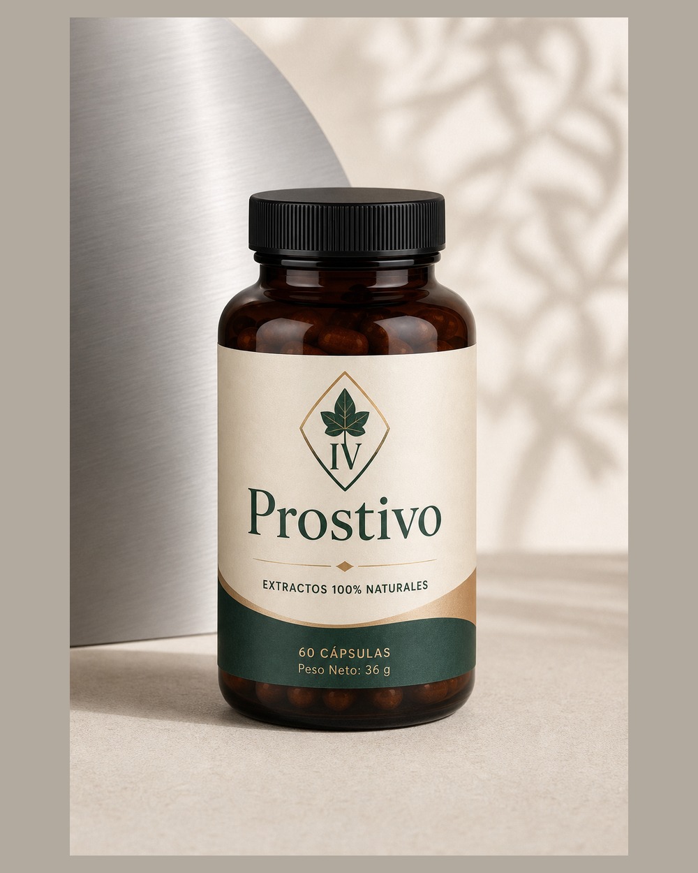 Prostivo en una composición de estudio con tonos crema y verdes